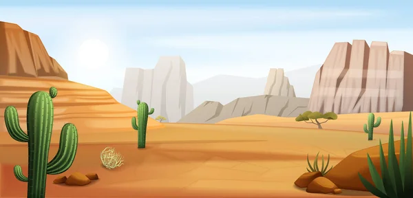 渓谷の茂みとサボテンの植物のベクトル図と野生の砂漠の屋外の風景と野生の西の漫画の組成物 — ストックベクタ