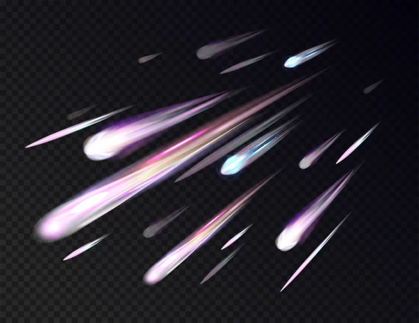 Realistický Prostor Meteor Déšť Složení Tmavým Pozadím Pohled Jasný Meteorit — Stockový vektor