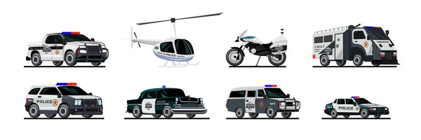 Police Transport Flat Set Isolated Images Special Vehicles Vans Cars — Stock Vector