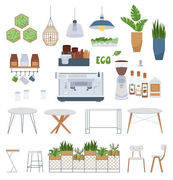 Modern Eco Cafe Flat Set Individual Icons Decorative Plants Tables — Διανυσματικό Αρχείο