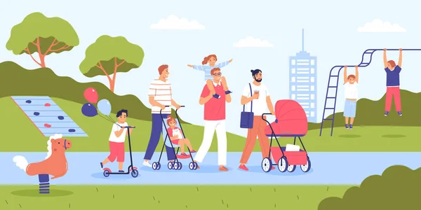 Mutlu Babalar Çocuklarıyla Parktaki Düz Vektör Çiziminde Yürüyor — Stok Vektör