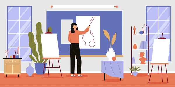 Kunstschulunterricht Modernes Klassenzimmer Interieur Mit Weiblichen Lehrer Zeichnung Auf Papier — Stockvektor