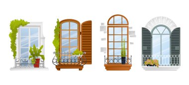 Farklı stil renklerinde dört renkli balkon simgesi ve vektör illüstrasyonu