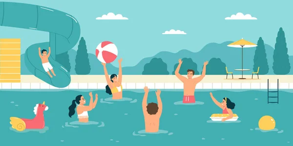 Lidé Baví Hrát Míčem Bazénu Aquaparku Ploché Vektorové Ilustrace — Stockový vektor