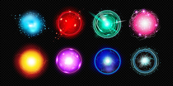 Realistic electric plasma sphere transparent set with isolated colorful circles of energy visualization on black background vector illustration