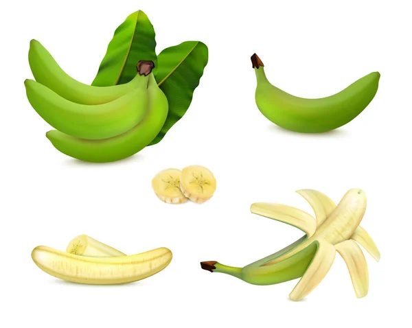Hámozott Hámozatlan Szeletelt Zöld Banán Levelekkel Realisztikus Készlet Elszigetelt Vektor — Stock Vector