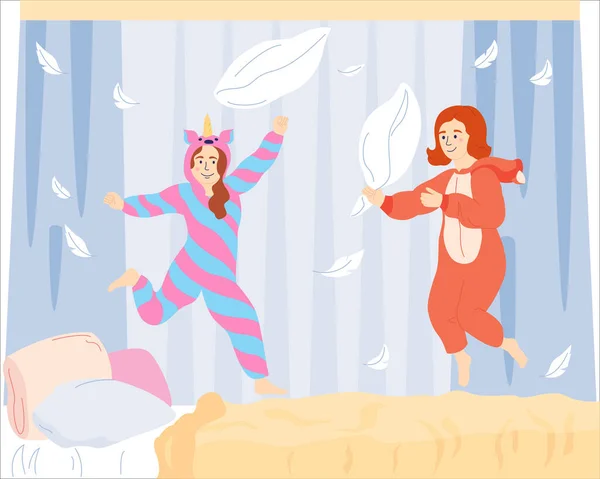 Pajama Партия Плоская Концепция Счастливыми Девушками Прыжки Кровать Вектор Иллюстрации — стоковый вектор