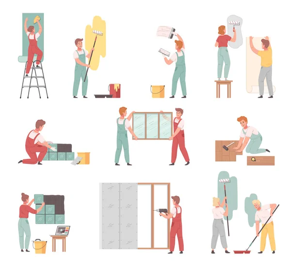 Ícones Desenhos Animados Renovação Conjunto Com Trabalhadores Trabalho Fazendo Manutenção — Vetor de Stock