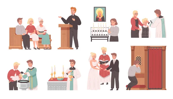 Iconos Dibujos Animados Iglesia Cristiana Con Diferentes Servicios Masivos Ilustración — Archivo Imágenes Vectoriales