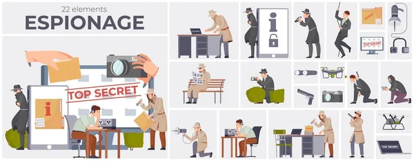 Espionnage Plat Composé Vingt Deux Éléments Plats Avec Des Agents — Image vectorielle
