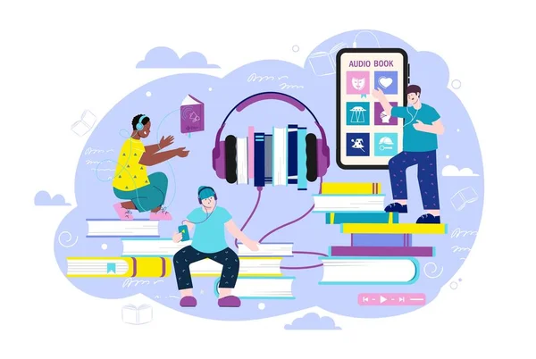 Ακουστικά Βιβλία Επίπεδη Σύνθεση Τους Νέους Που Ακούνε Ψηφιακές Audiobooks — Διανυσματικό Αρχείο