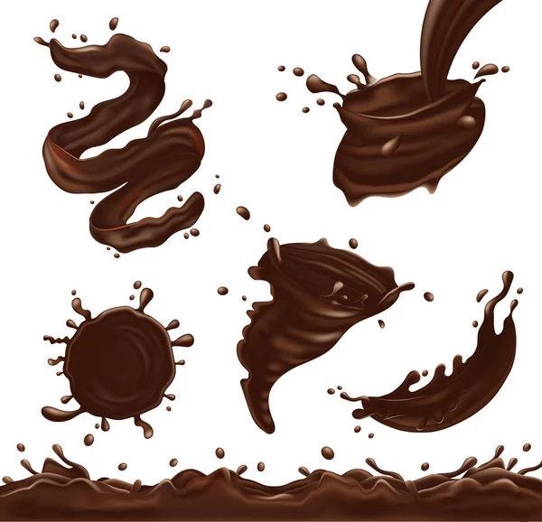 Sötét Csokoládé Fröccsenő Reális Készlet Elszigetelt Áramlások Csepp Vektor Illusztráció — Stock Vector