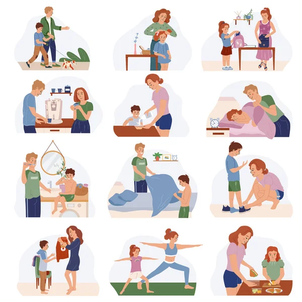 Family Morning Routine Flat Icons Set Kids Adults Preparing Work — Stock Vector