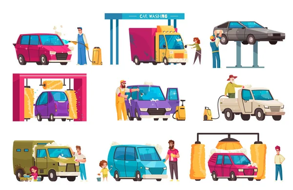 Autómosás Jármű Öntisztító Szolgáltatás Rajzfilm Ikonok Készlet Elszigetelt Vektor Illusztráció — Stock Vector