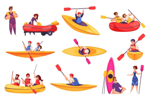 River Rafting Cartoon Iconen Ingesteld Met Mensen Die Extreme Watersporten — Stockvector