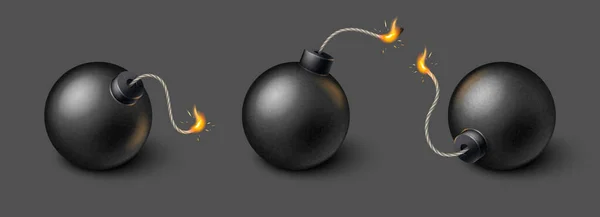Set Realistico Bombe Rotonde Nere Con Stoppini Fiamme Illustrazione Vettoriale — Vettoriale Stock