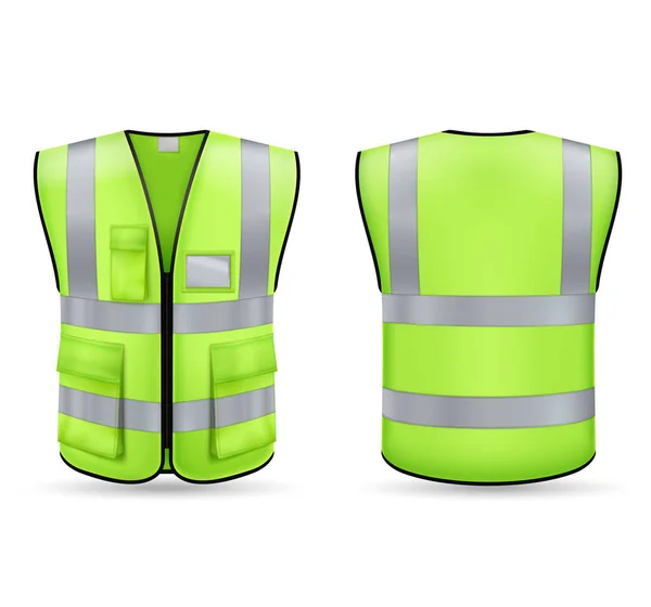 Front Back View Green Vest Mockup Reflective Stripes Pockets Isolated — Stock Vector