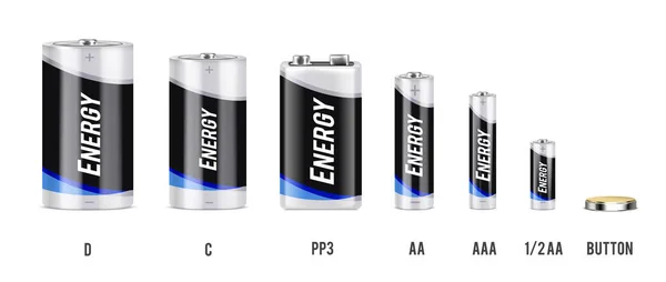 Soorten Batterijen Met Verschillende Grootte Capaciteit Realistische Set Geïsoleerd Witte — Stockvector