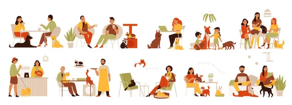 Pets Cafe Color Set Isolated Compositions Scenes People Sitting Restaurant — Stock Vector