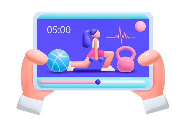 Online Fitness Coach Cartoon Concept Met Menselijke Handen Holding Tablet — Stockvector
