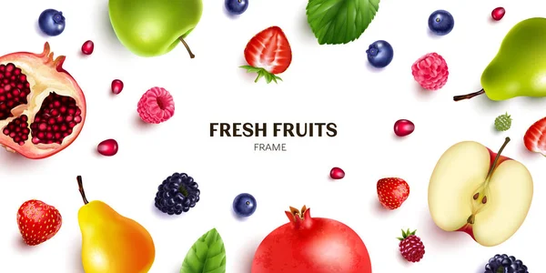 Moldura Horizontal Realista Com Frutas Frescas Bagas Ilustração Vetorial Fundo — Vetor de Stock