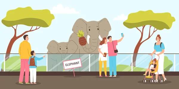 Les Gens Regardent Prennent Des Photos Éléphants Dans Zoo Illustration — Image vectorielle
