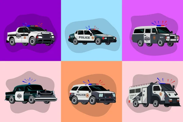 6つの正方形の組成と特別なサービス車両のドアスタイルの画像と警察輸送フラットセットベクトルイラスト — ストックベクタ