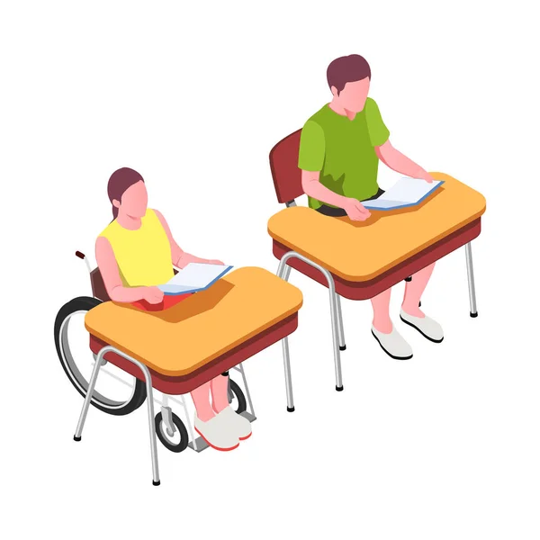 Edukacja Integracyjna Skład Izometryczny Ludzkimi Postaciami Osób Niepełnosprawnych Rozwijających Ilustrację — Wektor stockowy