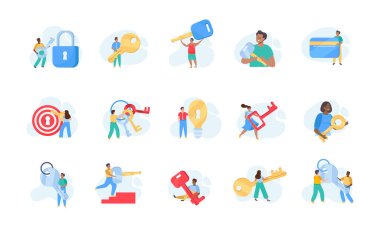 Hedefe ulaşmak için anahtar taşıyan kişiler kişisel veri düzlüğünü korumak için beyaz arkaplan çizimi üzerinde izole edilmiş kişiler