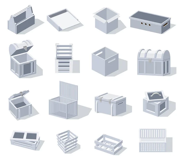 Cajas Conjunto Con Iconos Maqueta Cajas Madera Color Blanco Aislado — Vector de stock