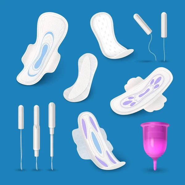 Weibliche Hygiene Realistische Symbole Set Mit Damenbinden Und Menstruationstasse Isolierte — Stockvektor