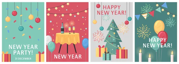 Restaurant Interior Cartoon Postcards Set New Year Decoration Items Isolated — Stock Vector