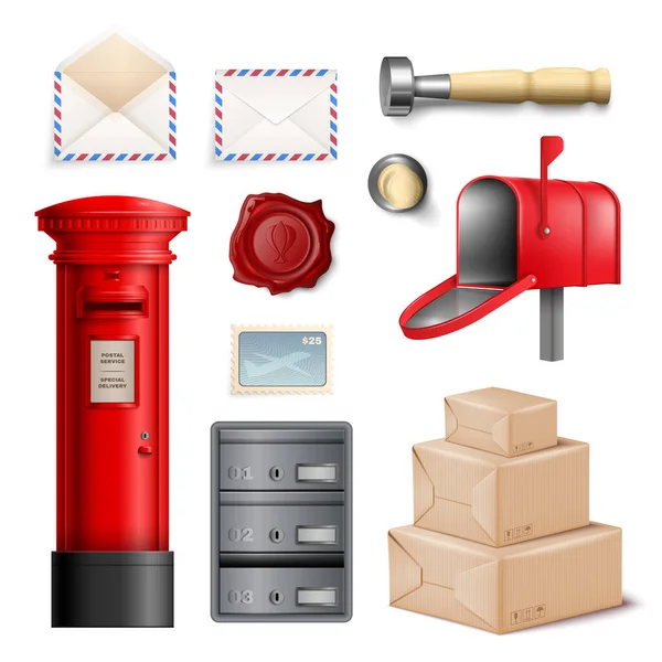 現実的な郵便局のアイコンセット郵便箱 空の封筒小包ワックスシールとスタンプベクトルイラスト — ストックベクタ