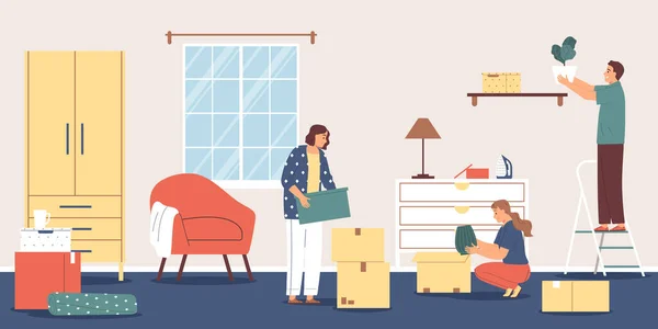Família Movendo Para Casa Nova Embalagem Coisas Caixas Papelão Ilustração — Vetor de Stock