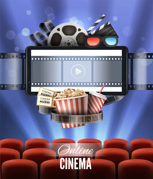 Online Kino Realistický Plakát Obrazovkou Popcorn Brýle Sedadla Vektorové Ilustrace — Stockový vektor
