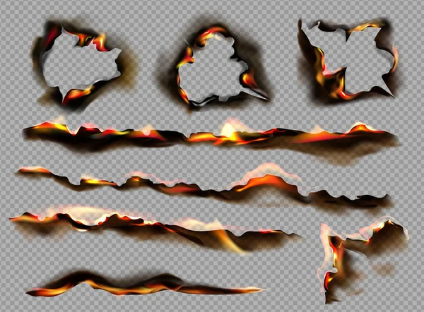 Realistic Burnt Paper Icon Set Smoldering Paper Shape Line Circle — Stock Vector