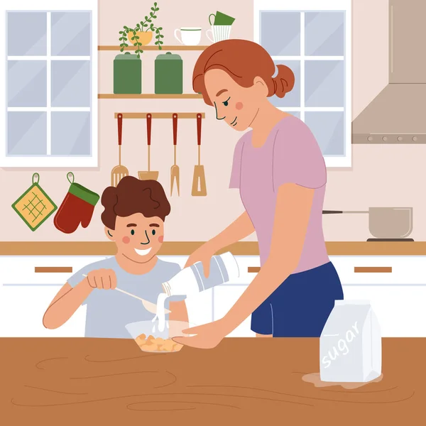 Οικογενειακή Πρωινή Ρουτίνα Επίπεδη Έννοια Μαμά Και Αγόρι Τρώει Δημητριακά — Διανυσματικό Αρχείο