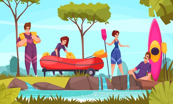 River Rafting Concept People Swimsuits Holding Canoe Rubber Boats Cartoon — Stock Vector