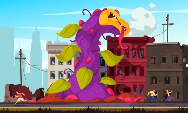 Vleesetende Monster Plant Met Gruwelijke Bloem Vernietigen Van Stad Cartoon — Stockvector