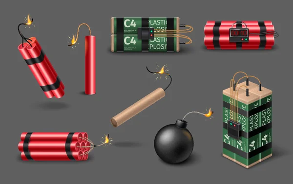 Realistische Set Van Plastic Explosieven Dynamiet Bom Met Timer Brandende — Stockvector