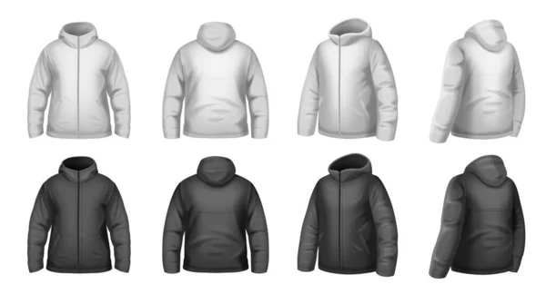白と黒の男性の冬のジャケットモックアップの現実的なセット絶縁ベクトルイラスト — ストックベクタ