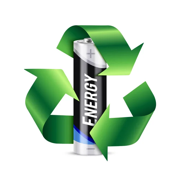 環境エネルギーの現実的な組成は 白の背景ベクトル図上の緑のリサイクルシンボルとバッテリーを実証 — ストックベクタ