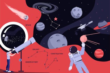 Uzay endüstrisi düz kolaj kompozisyonu teleskop astronotu ve uzay manzarası çizimi yapan karalama adam ile
