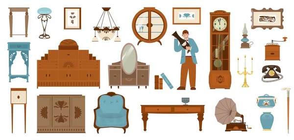 Antique Shop Set Flat Isolated Icons Vintage Decorations Furniture Pieces — Stock Vector