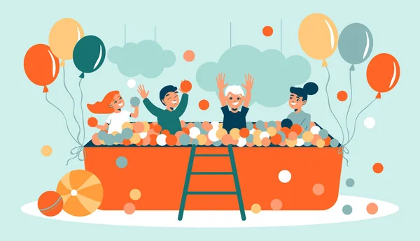 Дитяча Ігрова Композиція Видом Ванну Наповнену Кульками Щасливими Дітьми Висячими — стоковий вектор