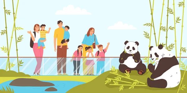 快乐的人们看着大熊猫在动物园里吃竹子的平面病媒图解 — 图库矢量图片