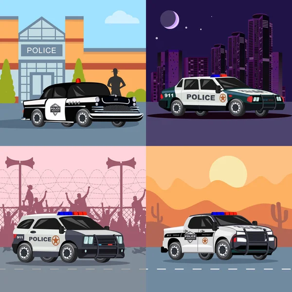 警察交通单元 四平方组合 景观各异 警车和人物形象矢量图解 — 图库矢量图片