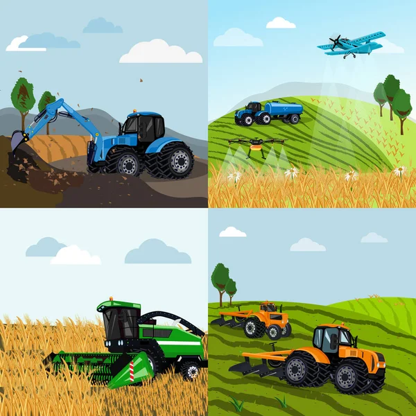 農業機械は フィールドと車のベクトル図と農場の風景と4つの正方形の組成物のフラットセットを輸送します — ストックベクタ