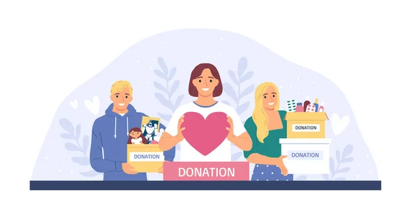Concepto Plano Caridad Con Voluntarios Sonrientes Sosteniendo Cajas Donación Ilustración — Archivo Imágenes Vectoriales