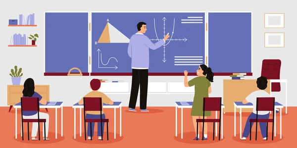 Wiskunde School Klaslokaal Interieur Met Mannelijke Leraar Schoolbord Vier Leerlingen — Stockvector
